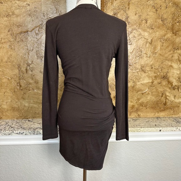Monrow Super Soft Mini Wrap Dress XS Long Sleeve Tie Front Ruched Brown Knit USA - Picture 6 of 12